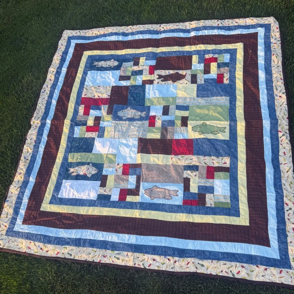 Mint Handmade Fishing Quilt Patchwork Cabin Lodge Fish Applique Blue Brown 75x75